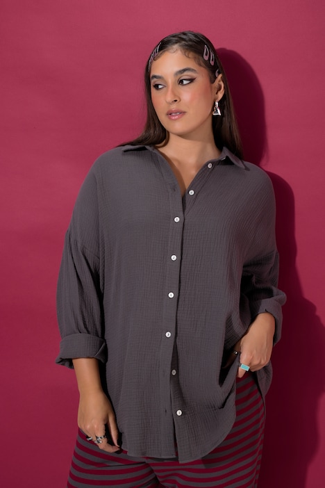 Musselin Bluse, oversized, Hemdkragen, Langarm