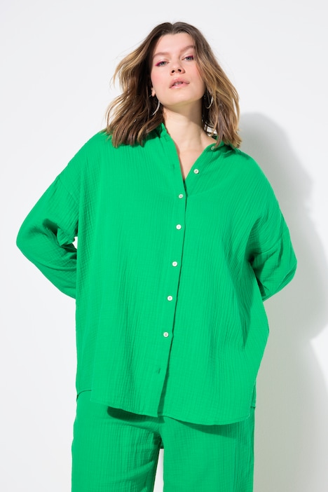 Blusa de bambula, oversize, cuello camisero, manga larga