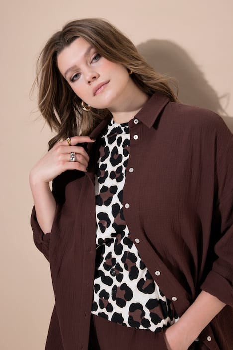 Mousseline blouse, oversized, overhemdkraag, lange mouwen