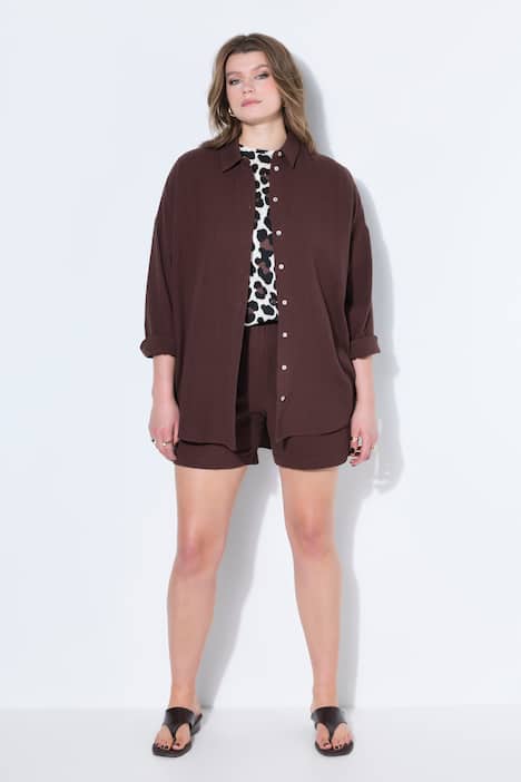 Mousseline blouse, oversized, overhemdkraag, lange mouwen