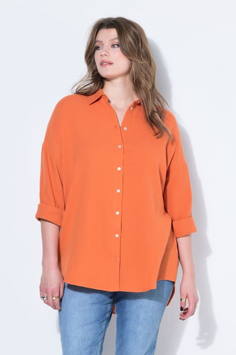 Mousseline blouse, oversized, overhemdkraag, lange mouwen