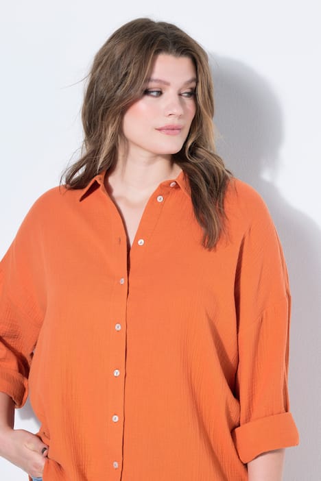 Mousseline blouse, oversized, overhemdkraag, lange mouwen