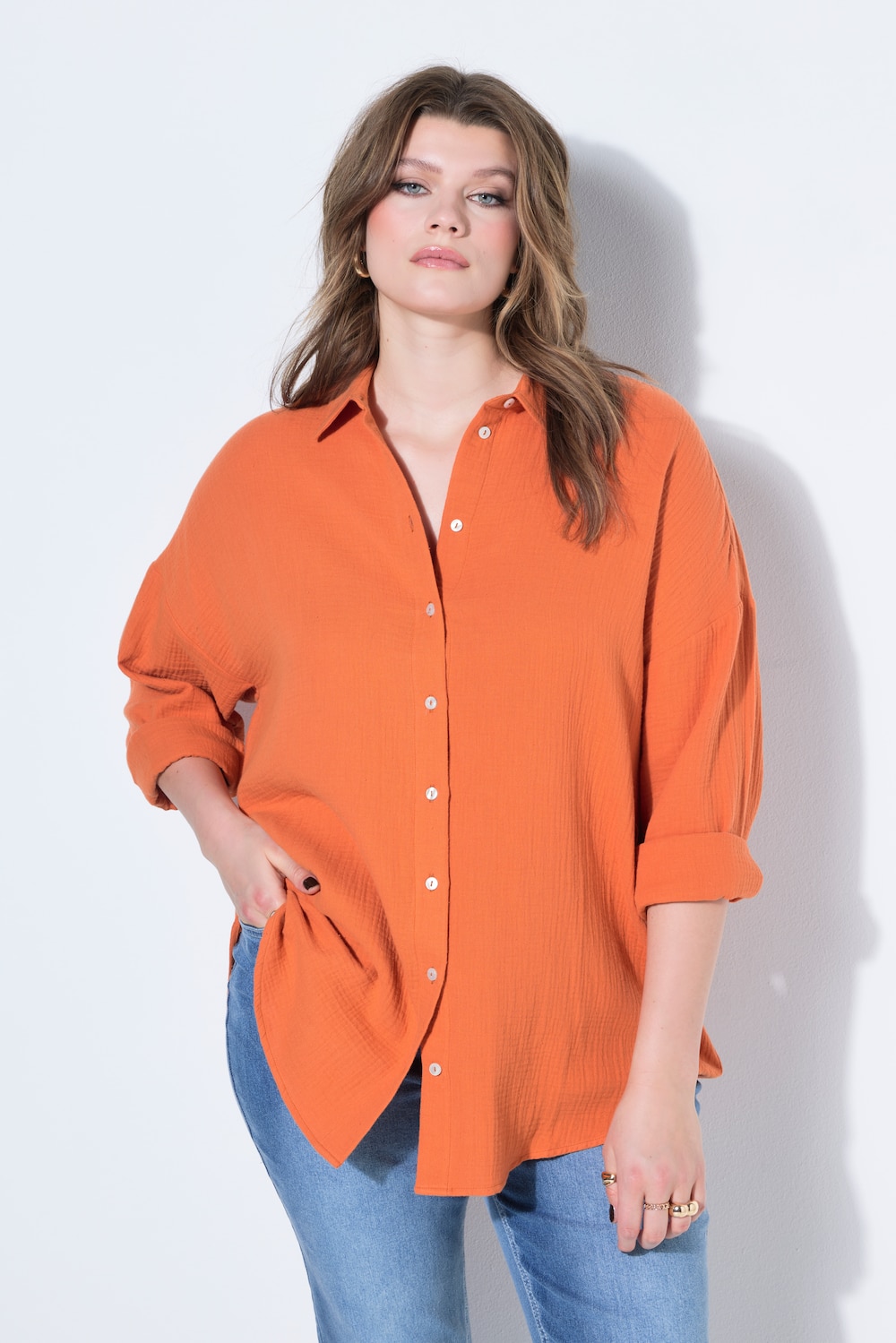Musselin Bluse, oversized, Hemdkragen, Langarm