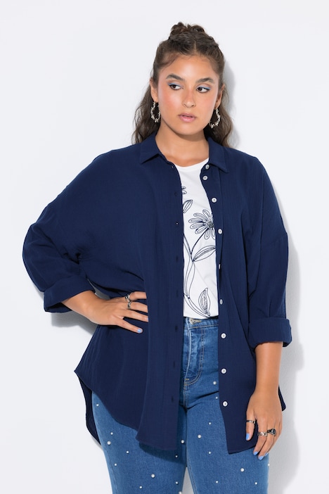 Musselin Bluse, oversized, Hemdkragen, Langarm