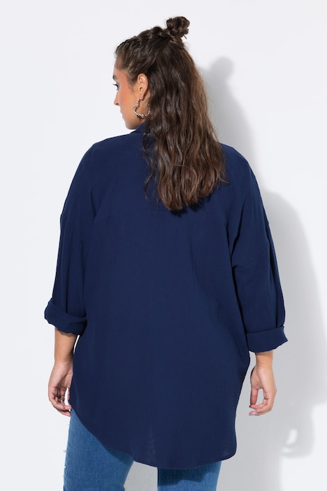 Musselin Bluse, oversized, Hemdkragen, Langarm