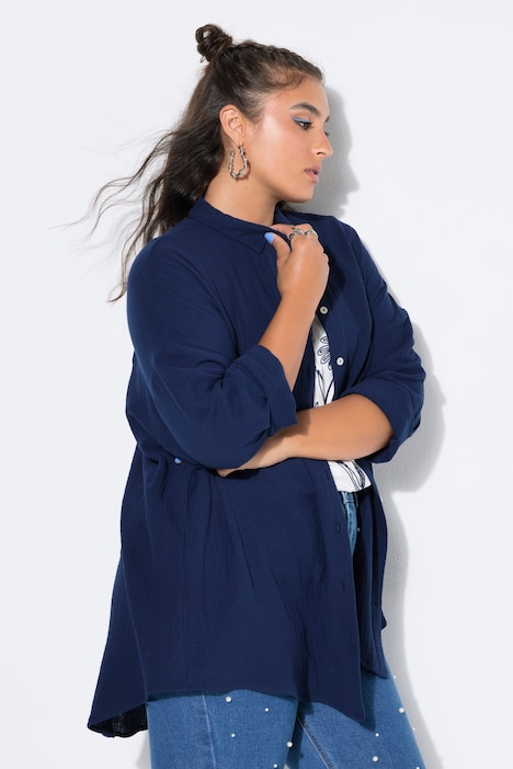 Musselin Bluse, oversized, Hemdkragen, Langarm