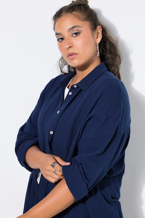 Musselin Bluse, oversized, Hemdkragen, Langarm