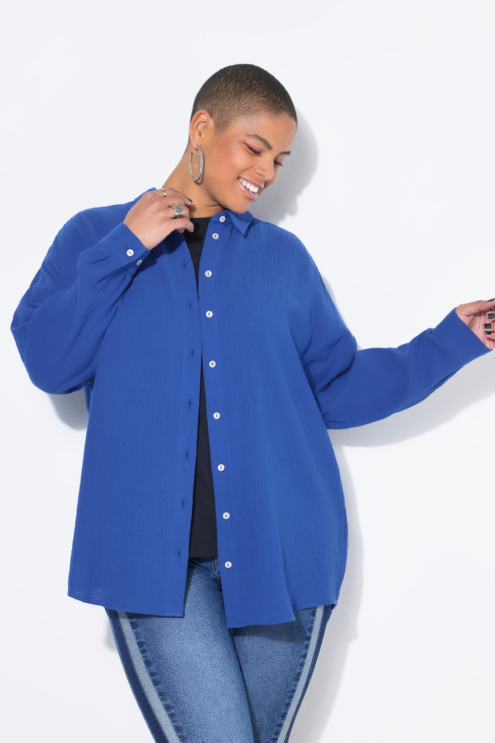 Musselin Bluse, oversized, Hemdkragen, Langarm