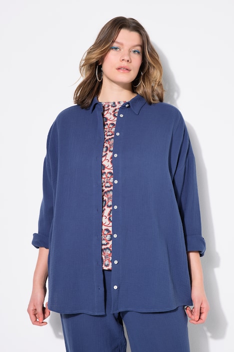 Musselin Bluse, oversized, Hemdkragen, Langarm