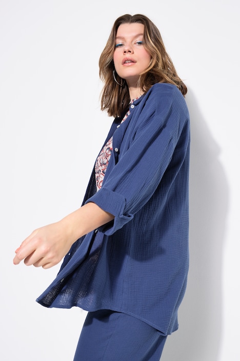 Musselin Bluse, oversized, Hemdkragen, Langarm