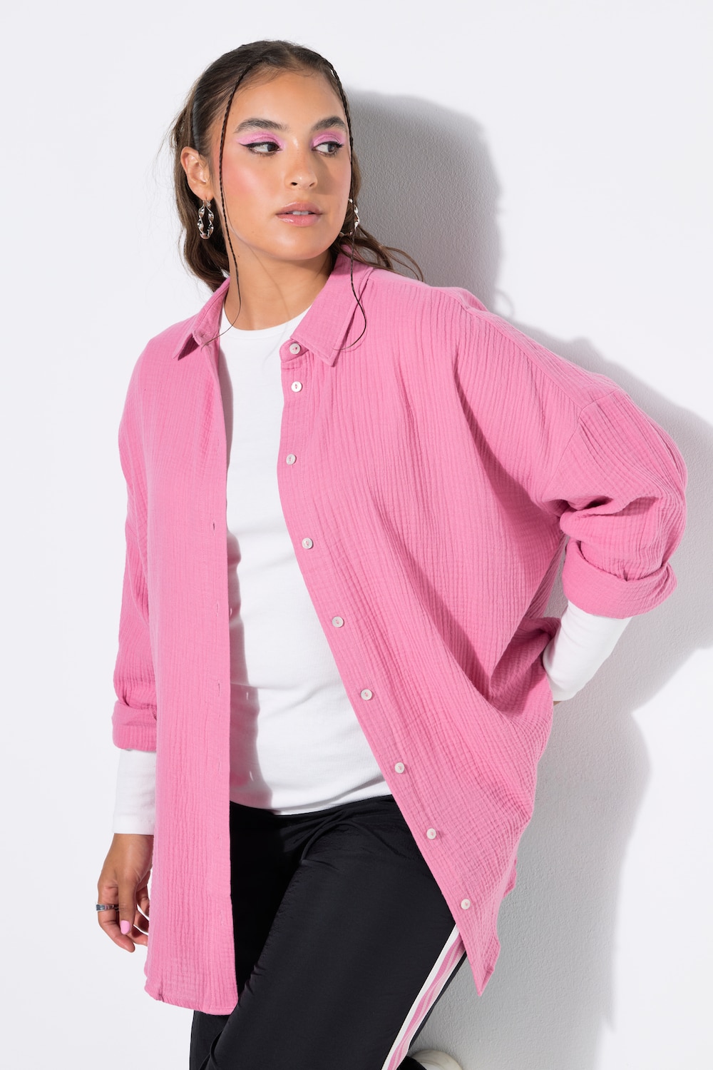 Musselin Bluse, oversized, Hemdkragen, Langarm