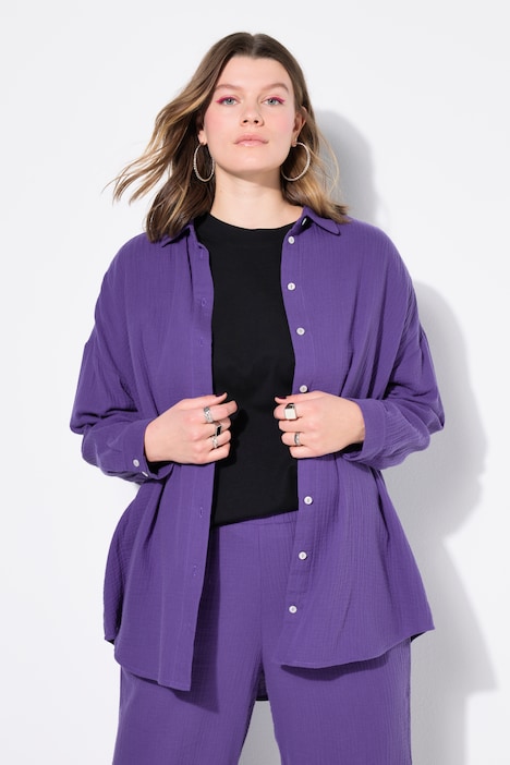 Musselin Bluse, oversized, Hemdkragen, Langarm