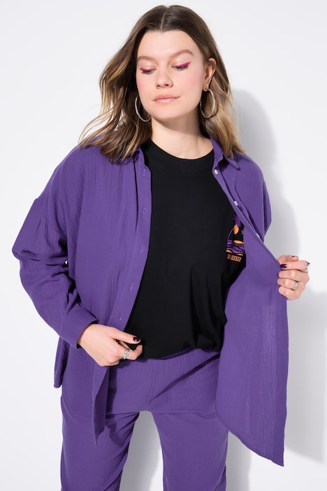 Mousseline blouse, oversized, overhemdkraag, lange mouwen