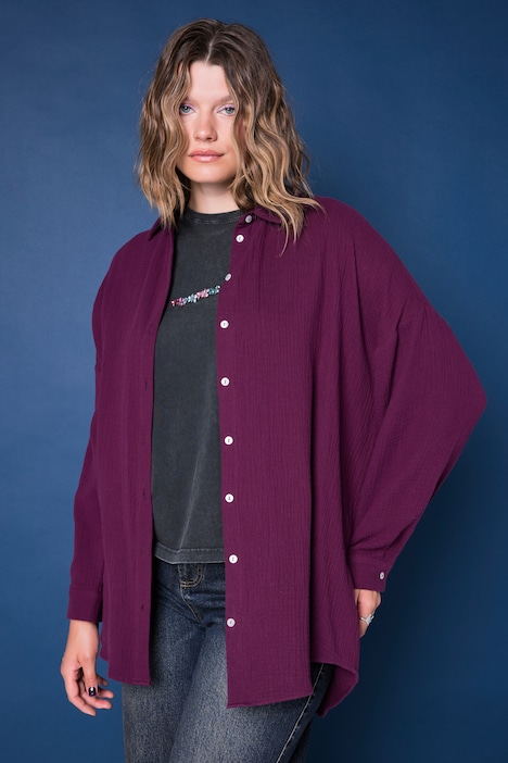 Musselin Bluse, oversized, Hemdkragen, Langarm