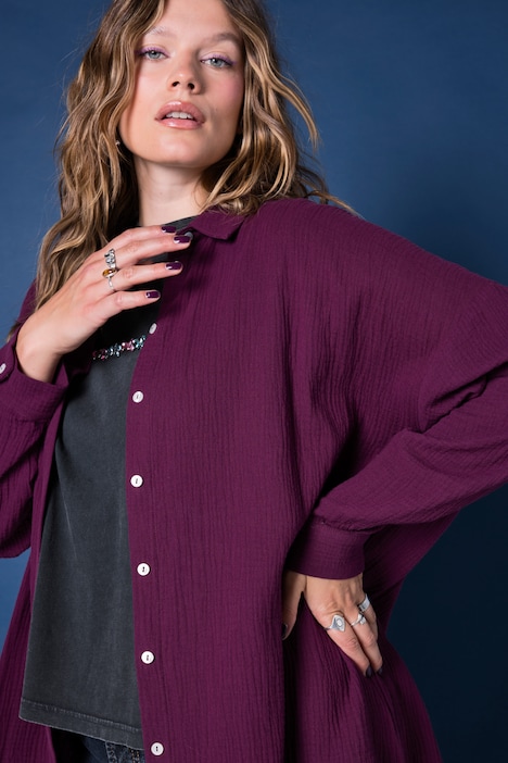 Musselin Bluse, oversized, Hemdkragen, Langarm