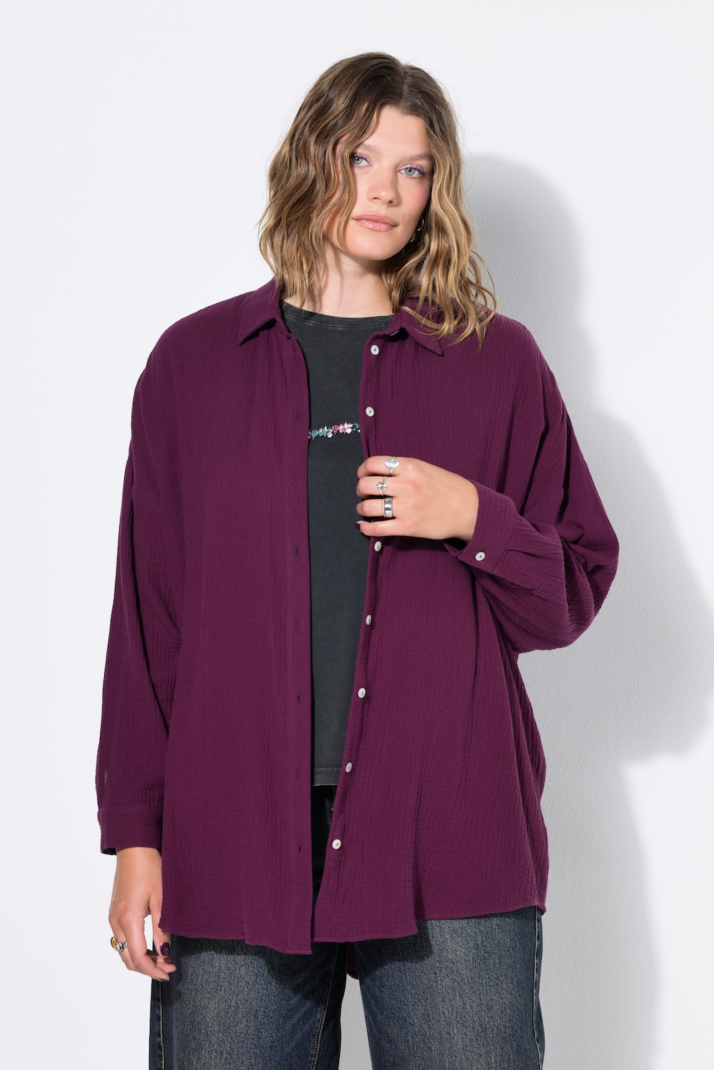 Musselin Bluse, oversized, Hemdkragen, Langarm