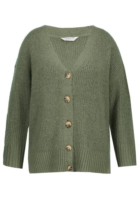 Rozpínací svetr, široký střih, výstřih do V, dlouhé rukávy, knoflíková léga