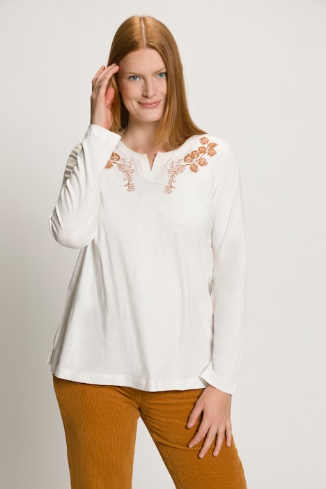 Eco Cotton Floral Embroidered Notch Neck Tee