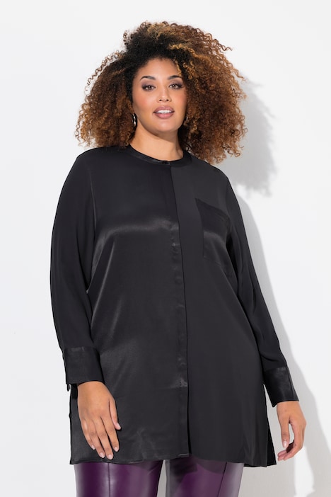 Satin Patch Button Front Tunic Blouse