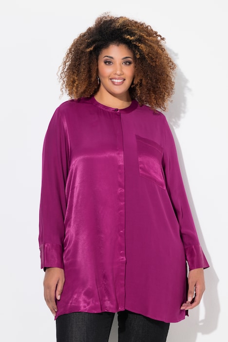 Satin Patch Button Front Tunic Blouse