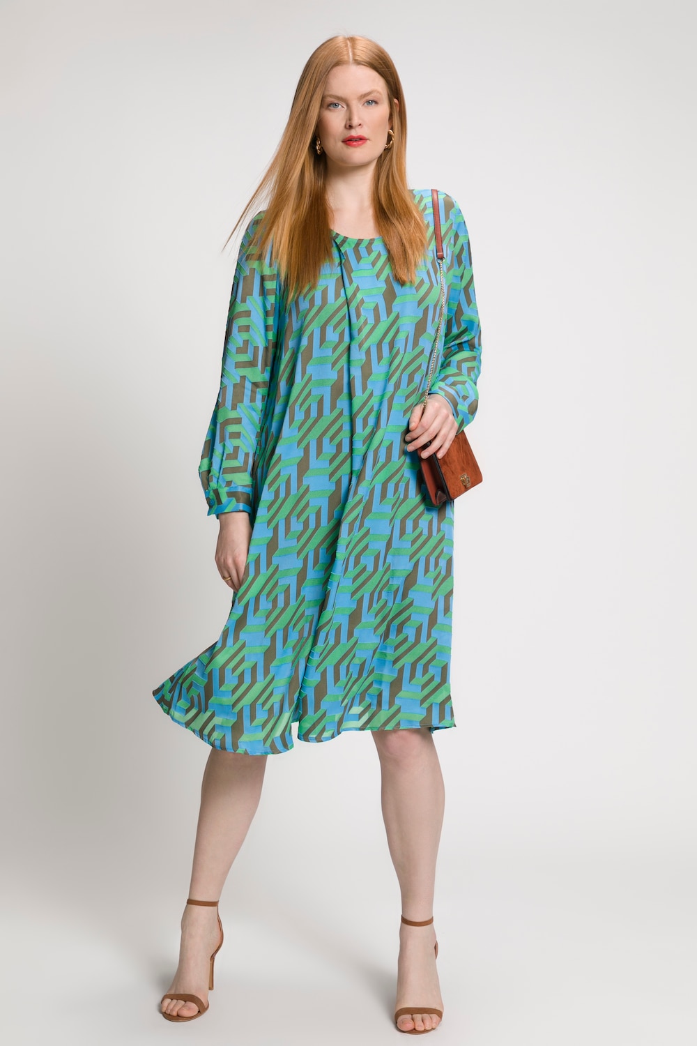 Plus Size Optic Print Burnout Long Sleeve Layer Dress, Woman, turquoise, size: 16/18, viscose/polyester, Ulla Popken