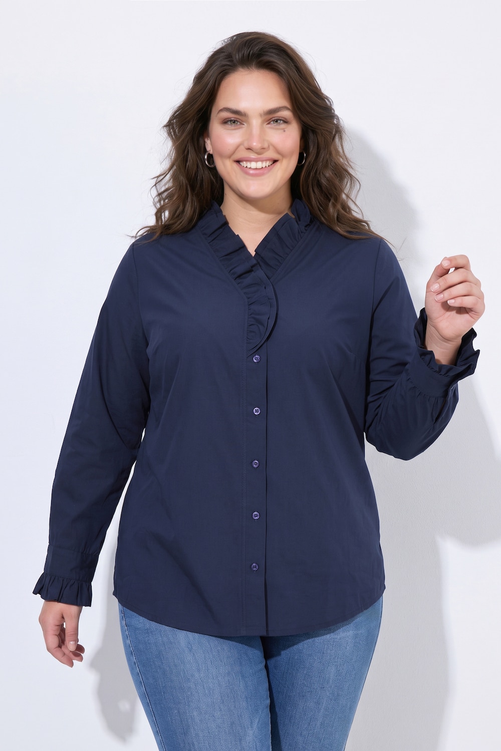 Blouse, kraag met ruches, V-hals, lange mouwen