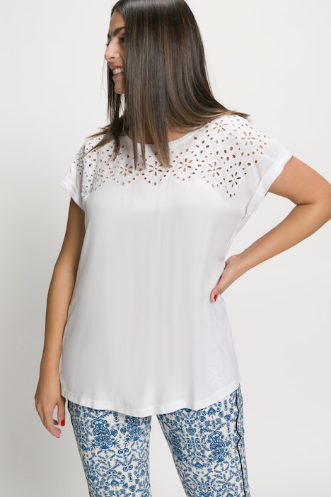 Mixed Fabric Embroidered Eyelet Cap Sleeve Top | T-Shirts | Knit Tops ...
