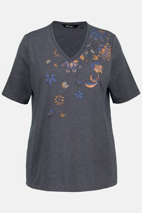 Floral Placement Print Crochet Trim V-Neck Tee
