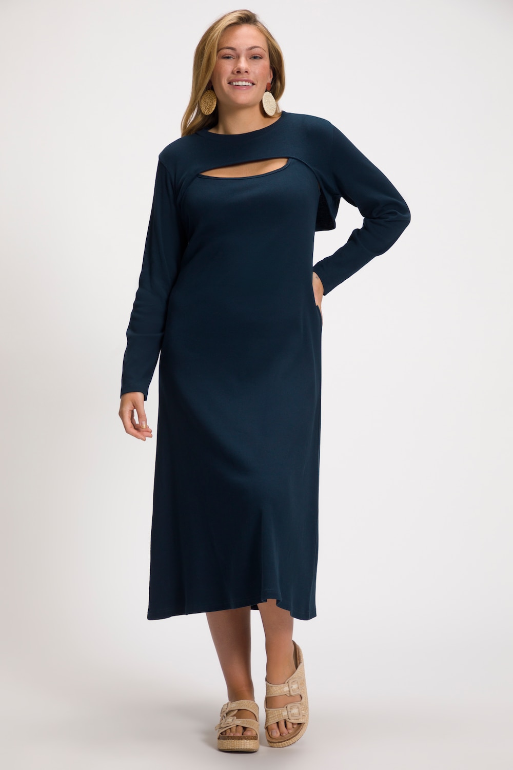 grandes tailles robe midi dans un esprit boléro à encolure carrée - en coton bio, femmes, bleu, taille: 44/46, coton, ulla popken