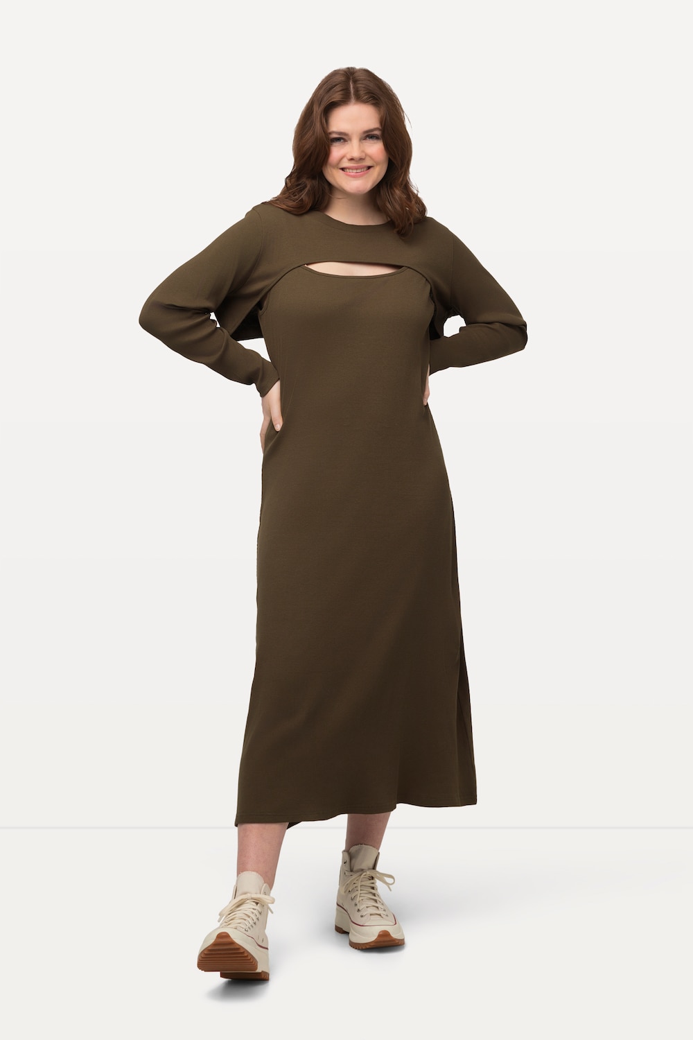 grandes tailles robe midi dans un esprit boléro à encolure carrée - en coton bio, femmes, marron, taille: 60/62, coton, ulla popken