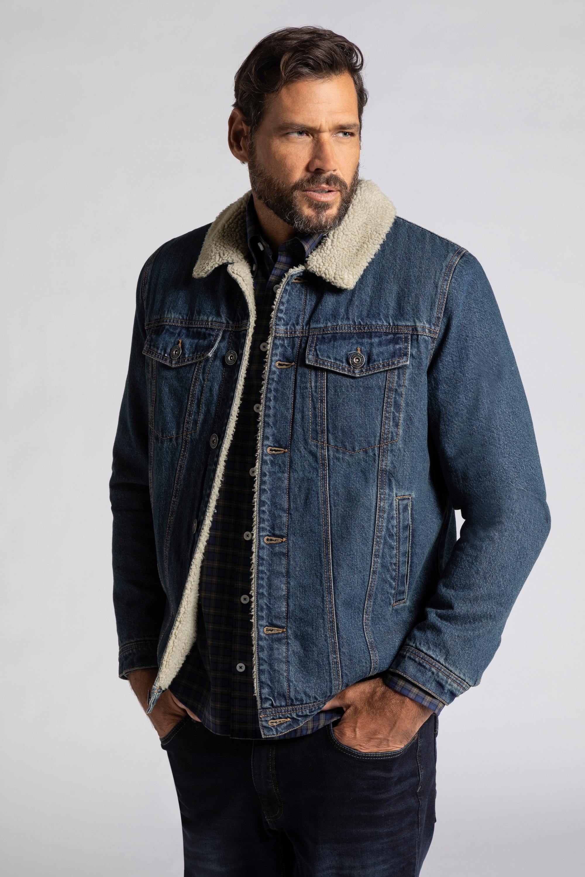 JP 1880 Herren große Größen Jeansjacke Denim Teddyfutter Hemdkragen