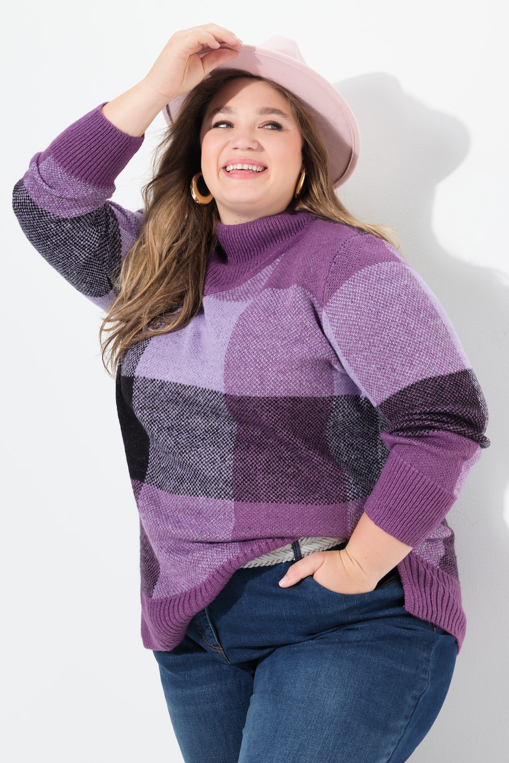 Pullover, ruitpatroon, opstaande kraag, lange mouwen