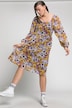 Blumen-Kleid, A-Line, Carree-Ausschnitt, Langarm, Jersey-Unterkleid