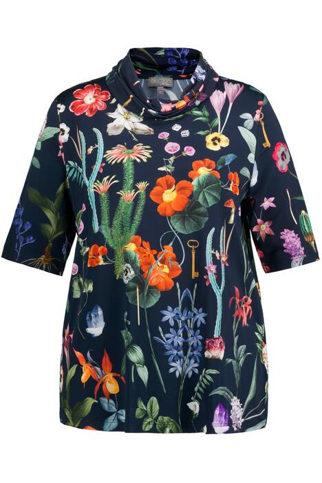 Slinky tričko, květy, A střih, rolákový límec, krátké rukávy