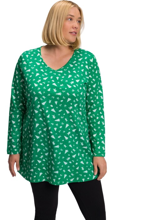 Dlouhé tričko, vánoční vzor, výstřih do V, dlouhé rukávy