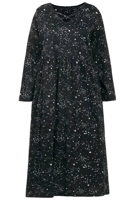 Žerzejové šaty, midi délka, vzor hvězd, výstřih do V, dlouhé rukávy
