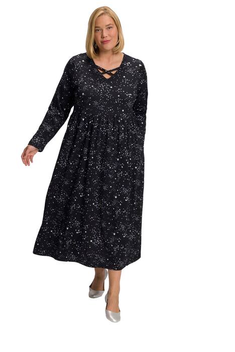 Žerzejové šaty, midi délka, vzor hvězd, výstřih do V, dlouhé rukávy