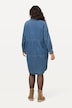 Sukienka dżinsowa, krój trapezowy, dół z falbaną, długi rękaw, sukienka midi