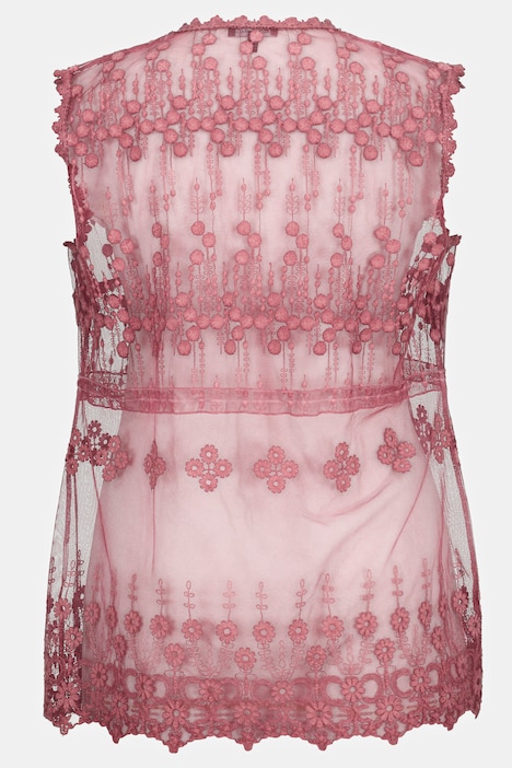 Embroidery Detail Sheer Tulle Open Front Vest, all Vests
