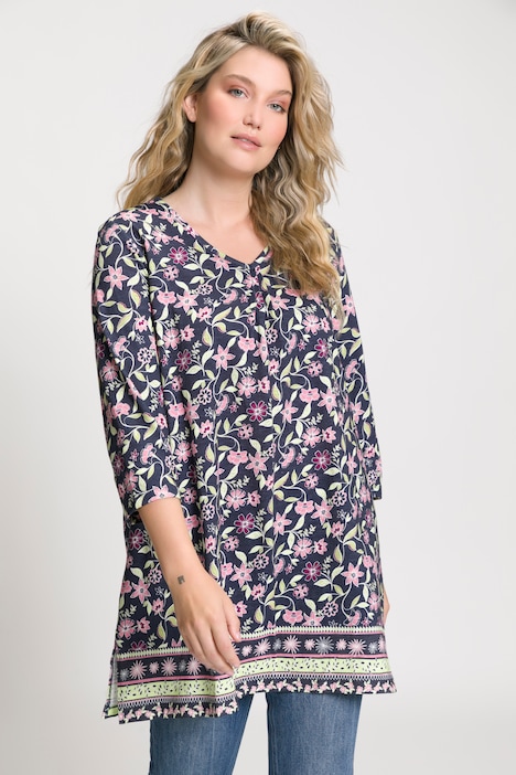 Floral Border Print A-Line Fit Cotton Knit Tunic | T-Shirts | Tops