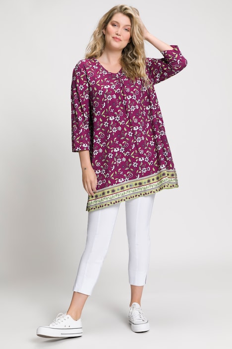 Floral Border Print A-Line Fit Cotton Knit Tunic