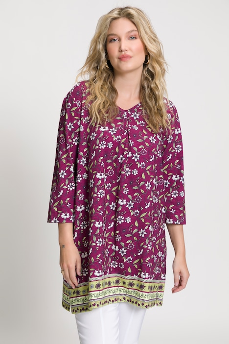 Floral Border Print A-Line Fit Cotton Knit Tunic