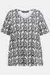 T-shirt, wzór w napisy, linia litery A, dekolt w szpic, krótki rękaw