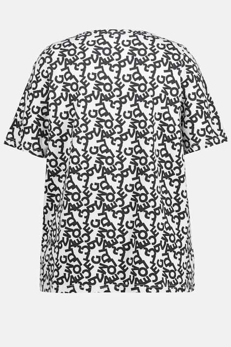 T-shirt, wzór w napisy, linia litery A, dekolt w szpic, krótki rękaw