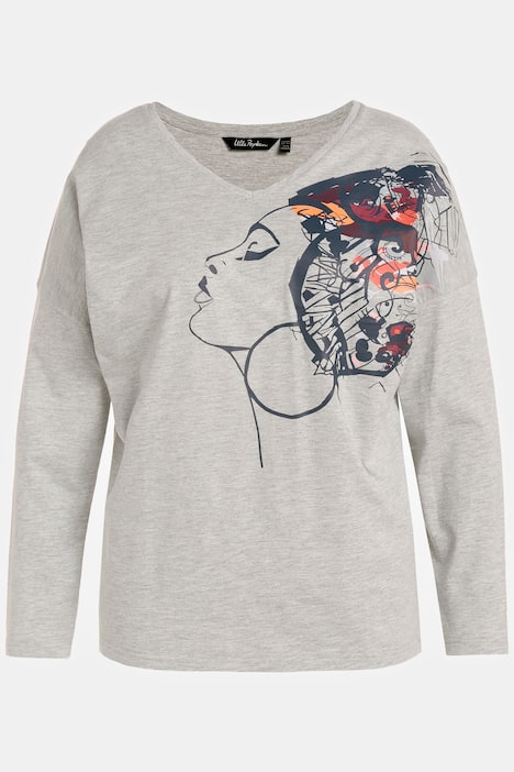 Model Print V-Neck Long Sleeve Oversized Fit Tee