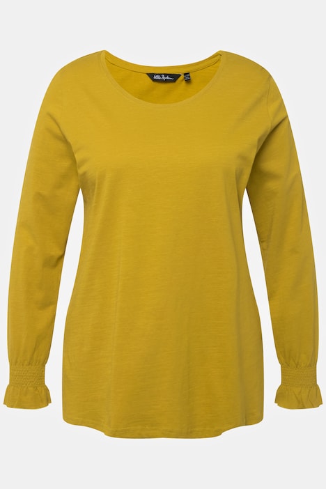 Smocked Sleeve Hem Round Neck Slub Yarn Tee | T-Shirts | Tops