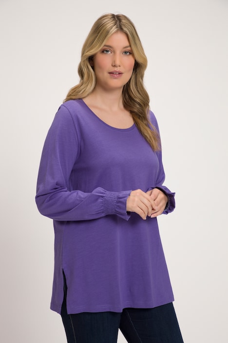 Smocked Sleeve Hem Round Neck Slub Yarn Tee