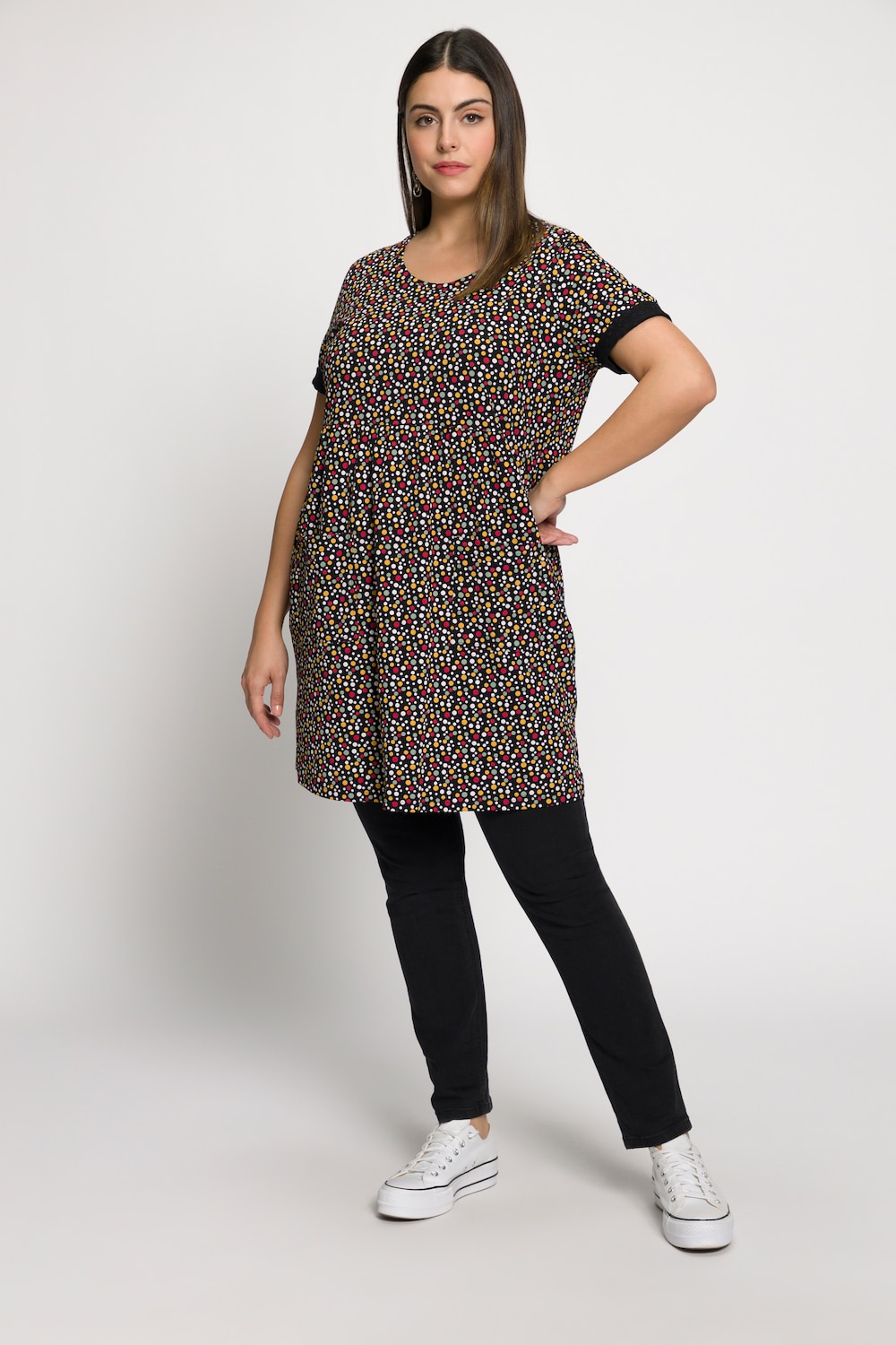 Plus Size Multi Dot Print A-line Fit Cotton Knit Tunic Dress, Woman, black, size: 20/22, cotton, Ulla Popken