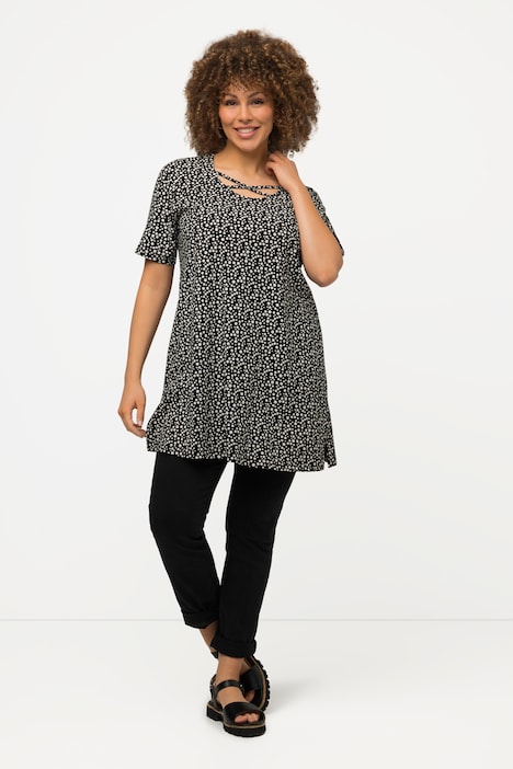 Tonal Dot Print Crisscross Strap A-line fit Cotton Knit Tunic | Knit ...