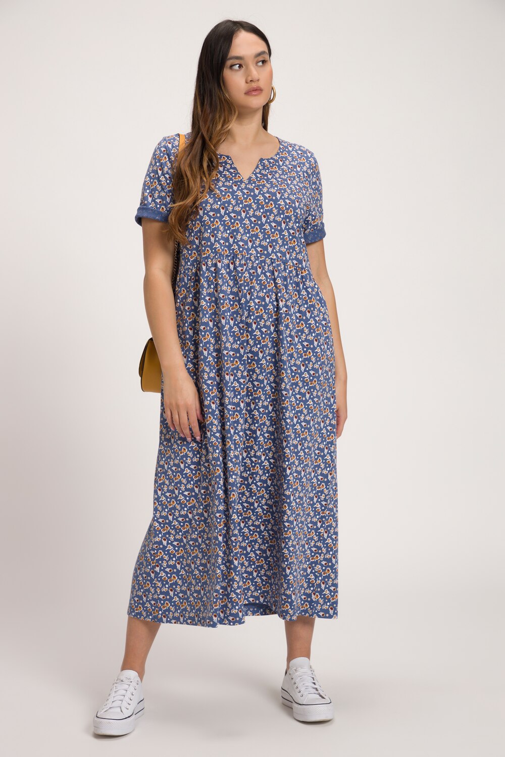 Plus Size Petite Rose Print Notch Neck Long Cotton Knit Dress, Woman, blue, size: 20/22, cotton, Ulla Popken